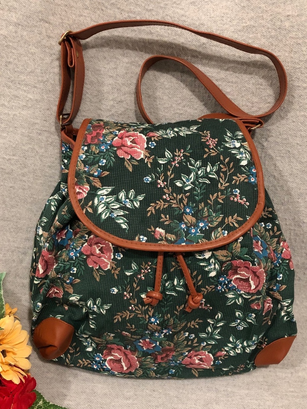 NWOT - Green & Rose Floral Canvas Bag with Brown Vegan Leather Trim